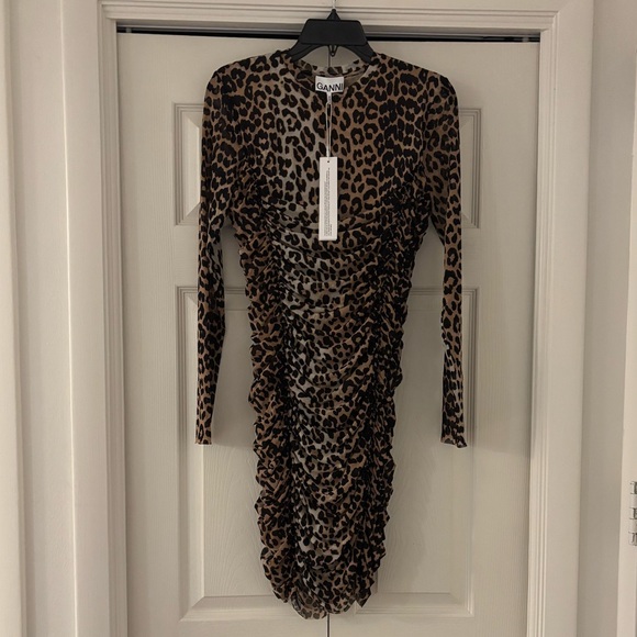 NWT GANNI Mesh Ruched Animal Print Long Sleeve Dress - Picture 2 of 13